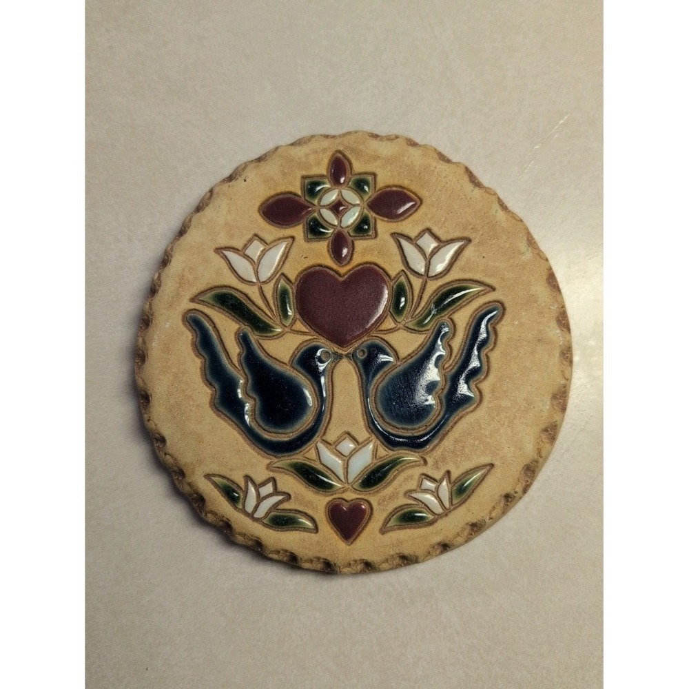 Jane Ashley Ceramic Bread Warmer Blue Bird Flower Heart Tile Trivet Plaque 5.5"